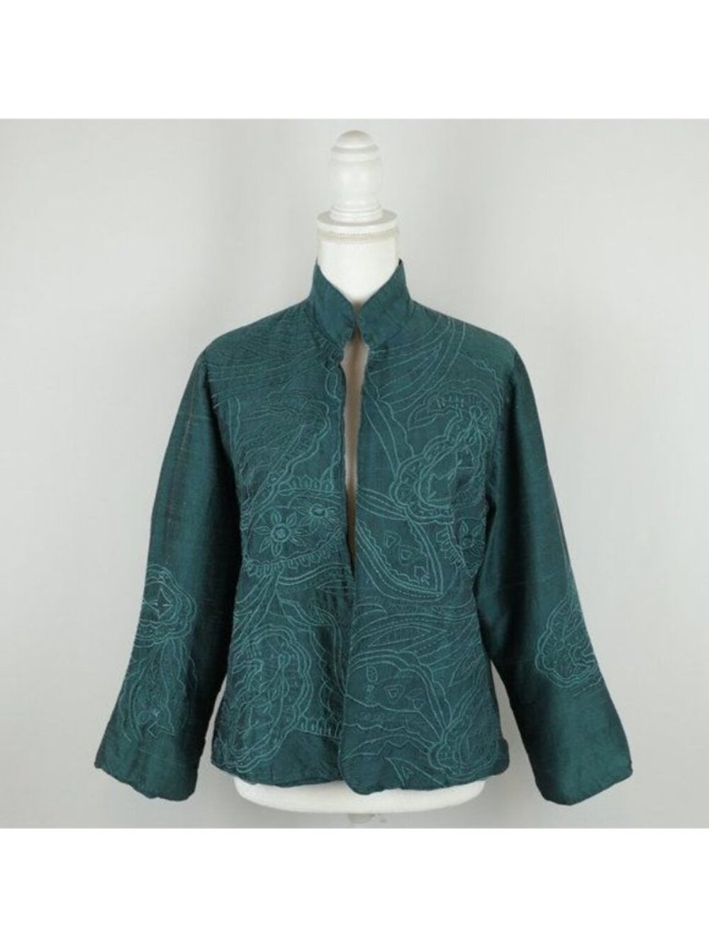 Anu Women's Large Blue Green Raw Silk Lined Embroidered Open Front Jacket